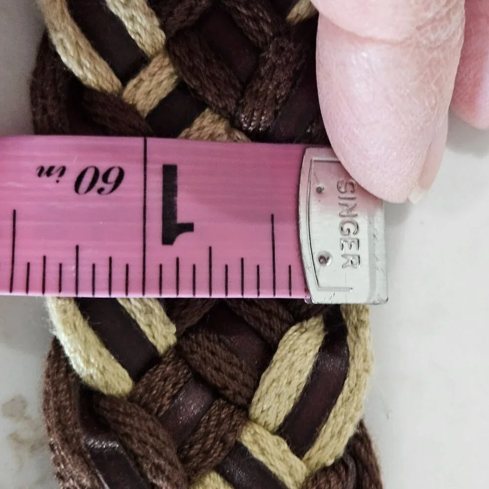 Tommy Bahama Mens Braided Canvas & Leather Belt Brown Beige Size 40 Brass Buckle